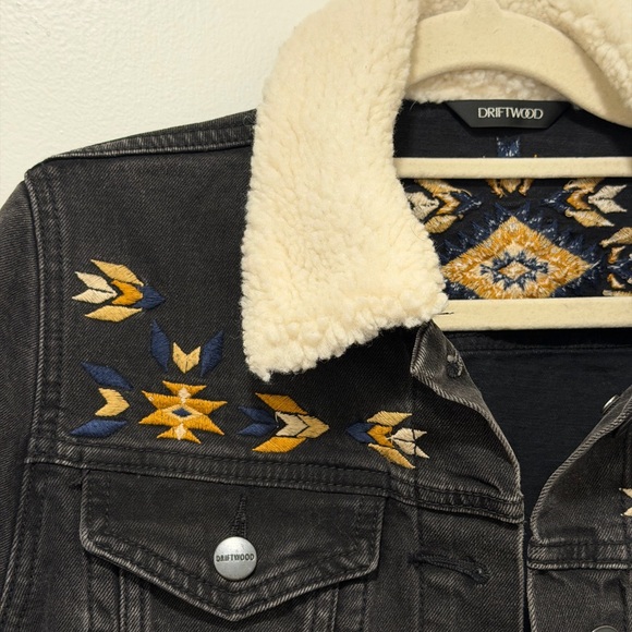 DRIFTWOOD Jackets & Blazers - Driftwood Black Jean Jacket with Cream Collar and Boho Embroidery - Size S